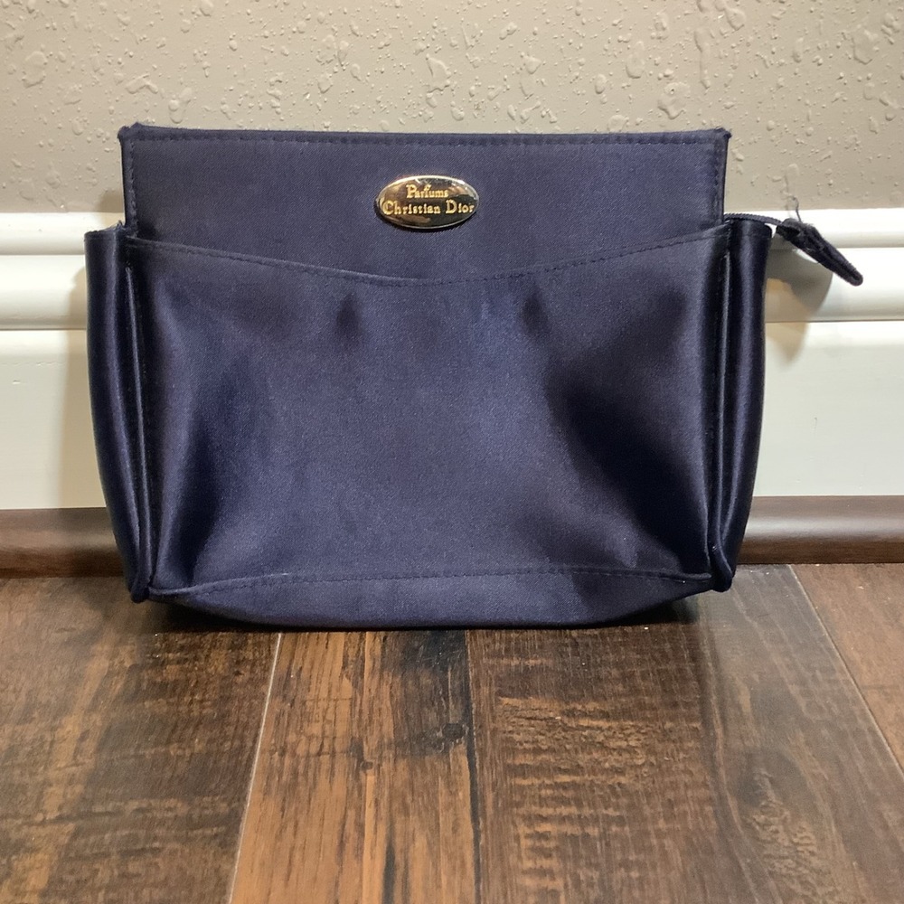 Vintage Parfums Christian Dior Navy Blue Satin Cosmetic Bag Pouch Gold Logo